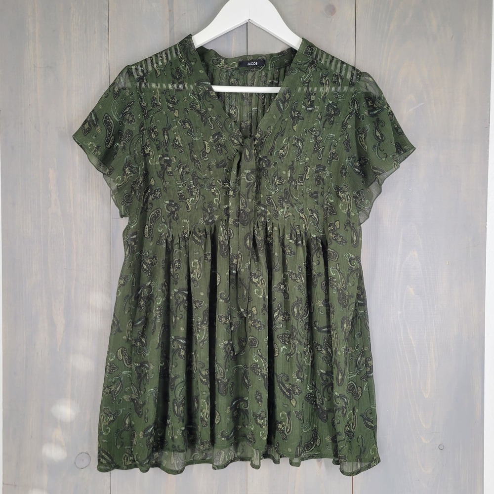 Jacob Paisley Sheer Babydoll Blouse Women Medium Green‎ Short Sleeve Pleated